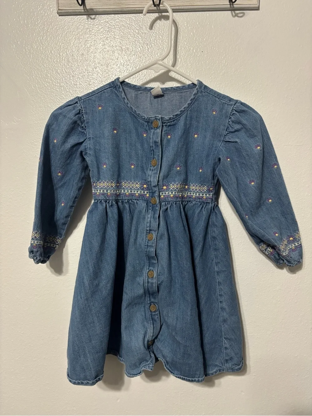 Old Navy Blue Denim Button-Front Dress with Embroidered Accents